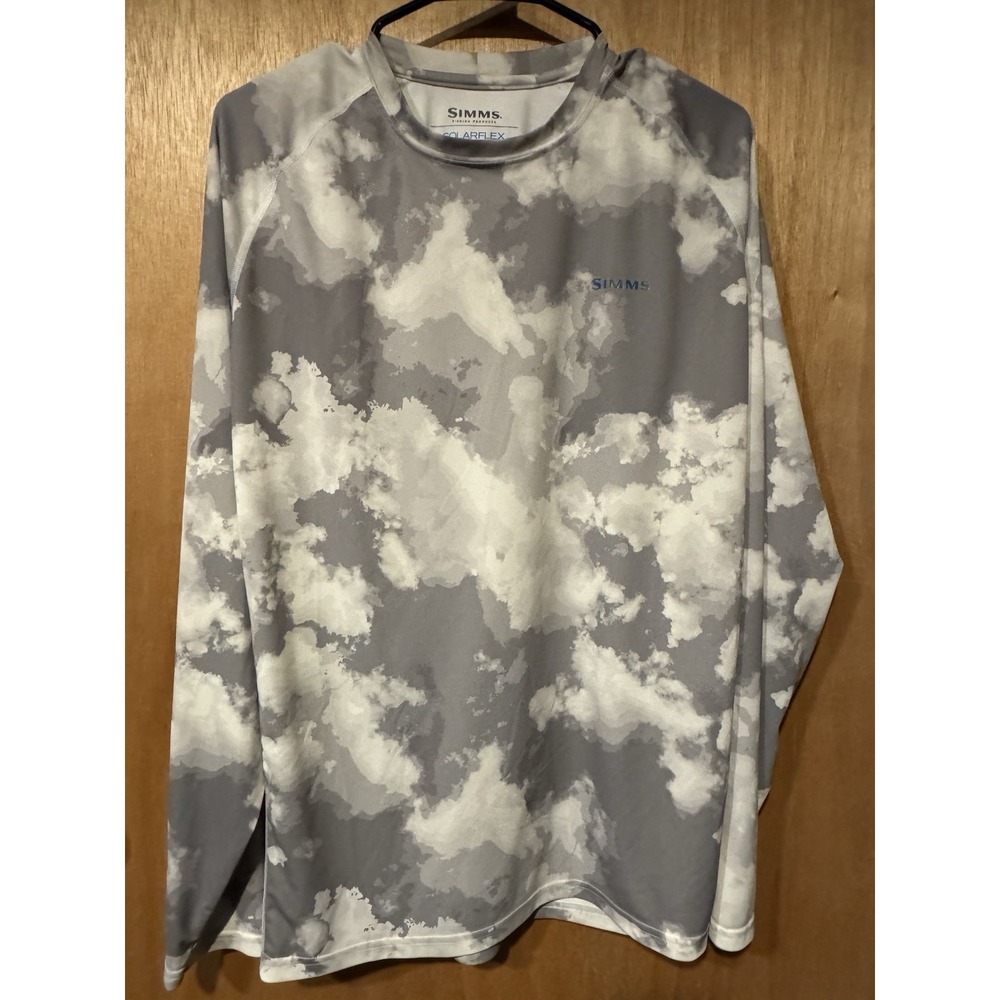 Simms Shirt XL Gray Sky Camo SolarFlex Shirt UPF 50 Fishing Long Sleeve (Z1)